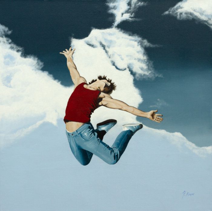 Figure in a red vest falling backwards through cloud