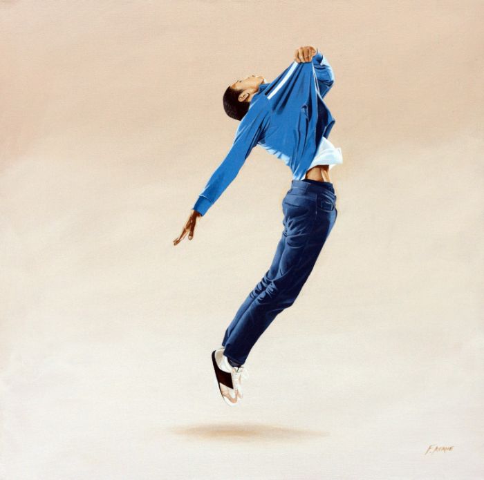 Figure in a blue shirt suspended mid-leap against a warm ground