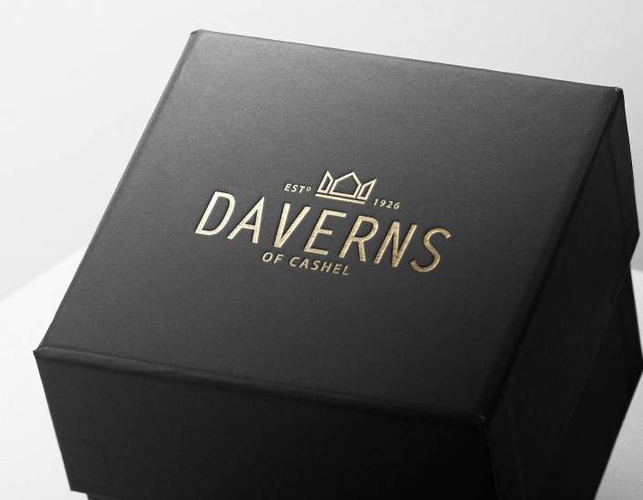 Black gift box with the Daverns mark foiled in gold