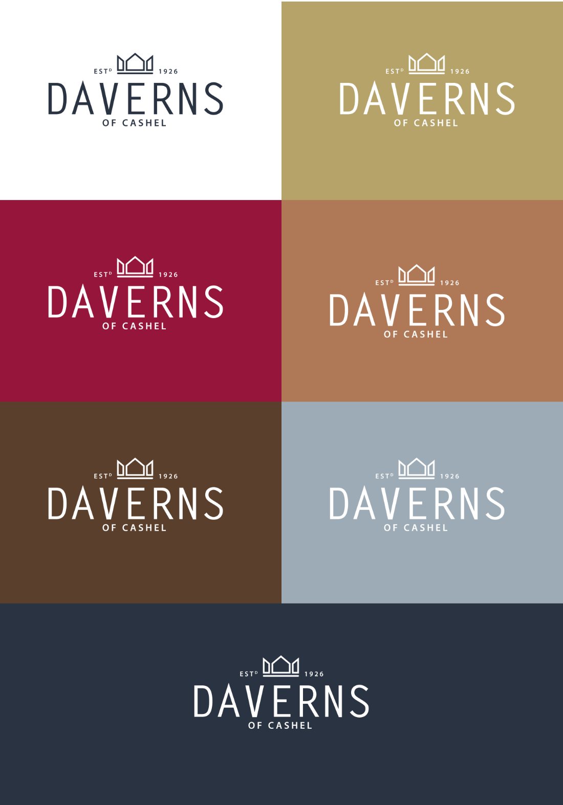The Daverns mark reversed across white, gold, wine, tan, walnut, slate blue and navy grounds