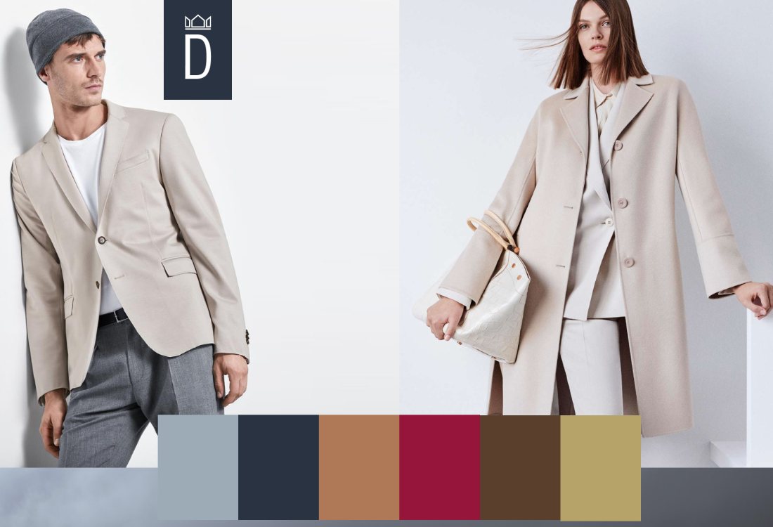 Menswear and womenswear tailoring in neutral tones beside the brand palette