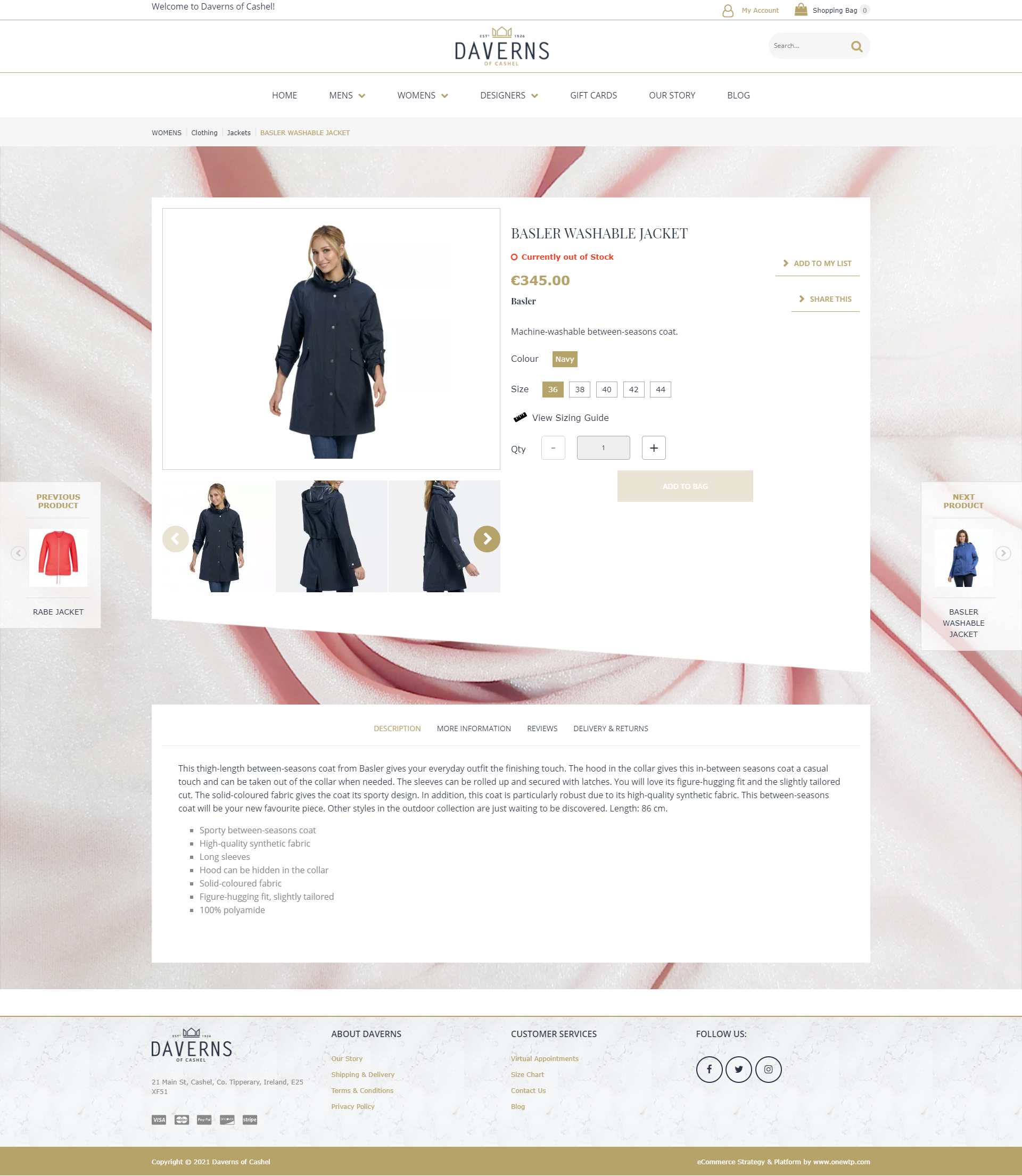 Daverns product detail page for Basler washable jacket