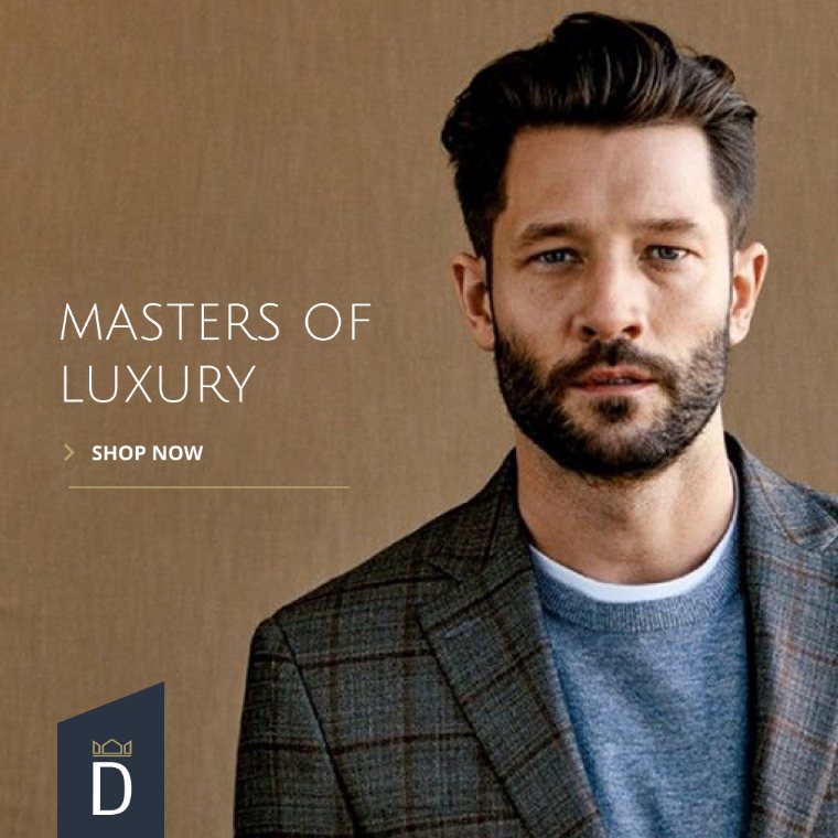 Daverns social post: menswear checked jacket with the D badge bottom left
