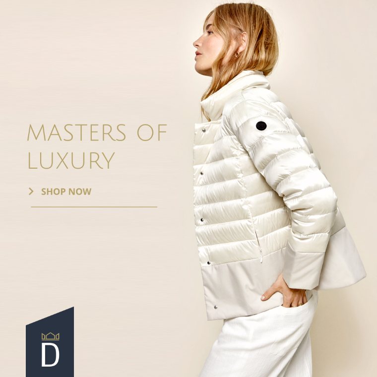 Daverns social post: outerwear on a warm neutral ground with gold type