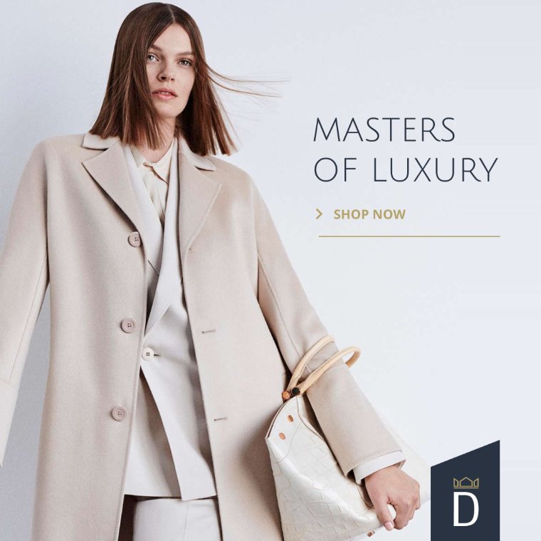 Daverns social post: womenswear in neutral tailoring with the D badge bottom right
