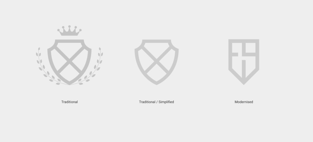 Three stages of the FitzGerald's mark: traditional coat of arms, simplified shield, modernised FG monogram